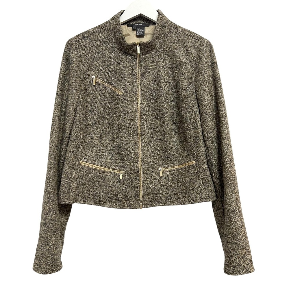 Per Se‎ Jacket Womens 14 Brown Wool Blend Tweed Zip Front Moto Lined Pockets